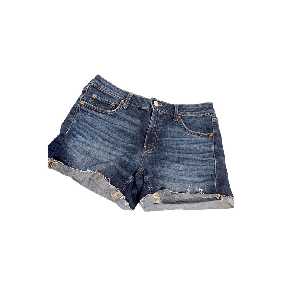 American Eagle Tomgirl Midi Denim Shorts Dark Wash Raw Hem Size 8 Womens‎